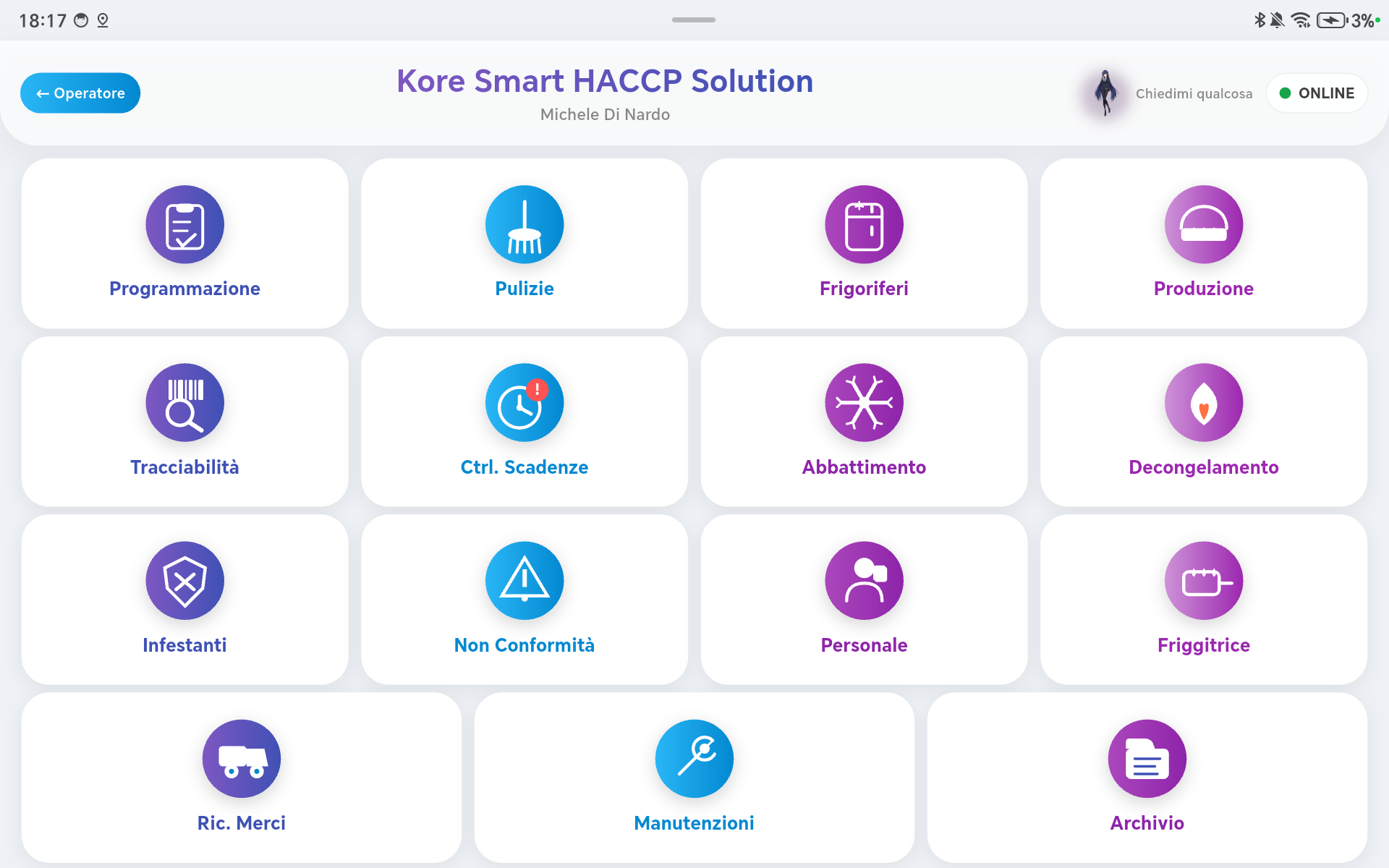 Home dell'app Kore con i moduli HACCP