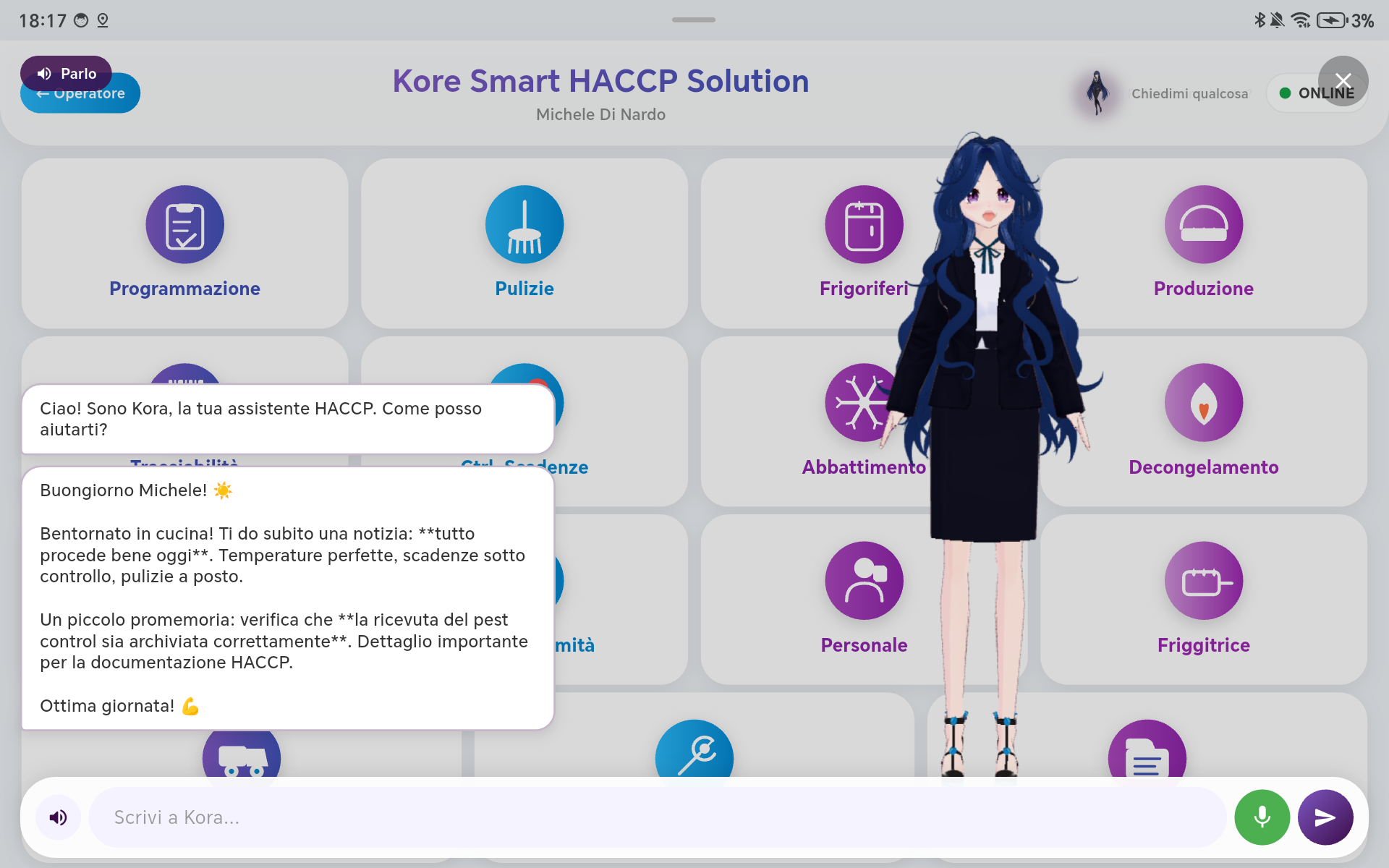 Kora, l'assistente vocale, aperta sul tablet